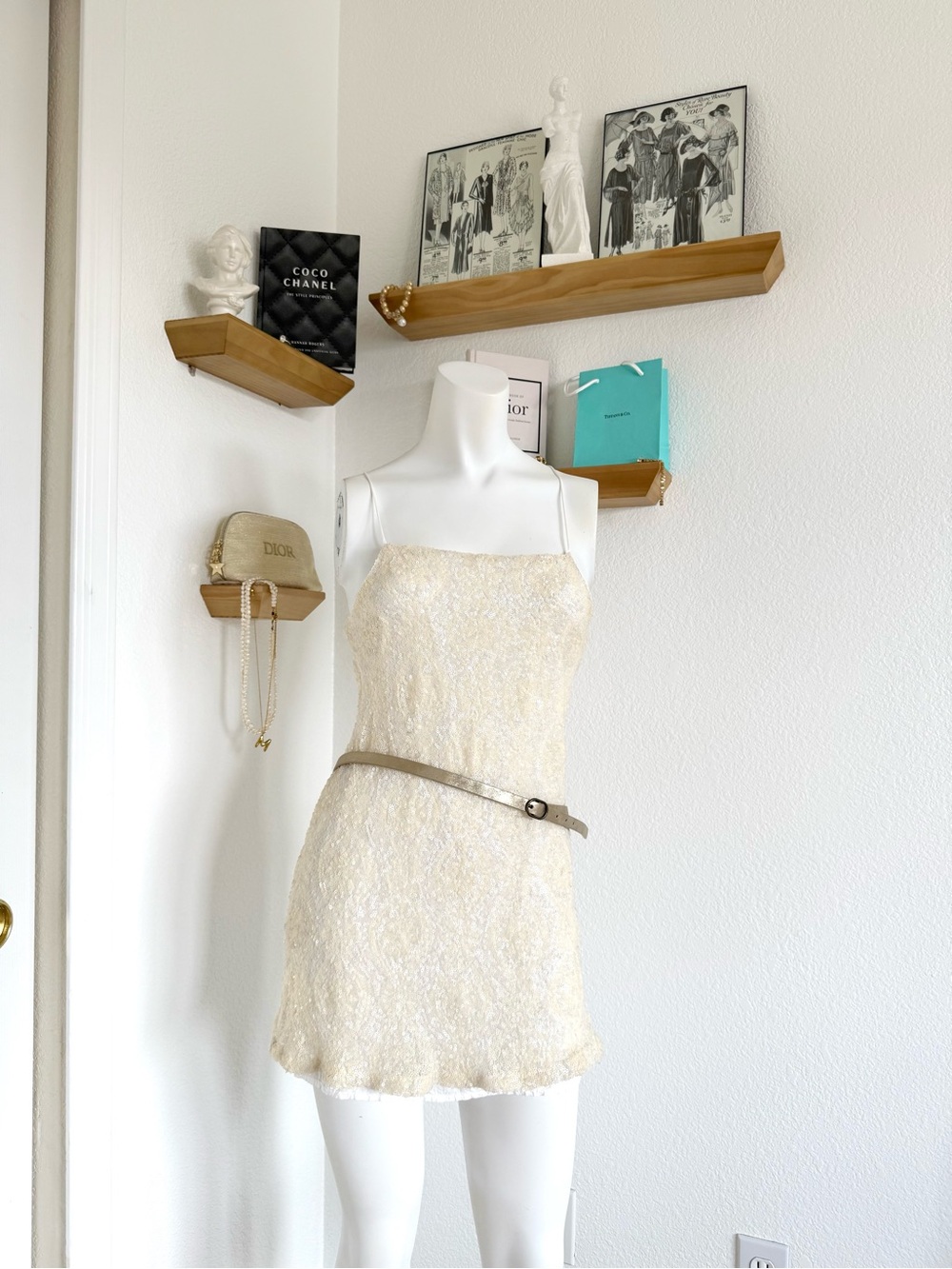 Free People Cream Lace Sequin Mini Slip Dress SZ S